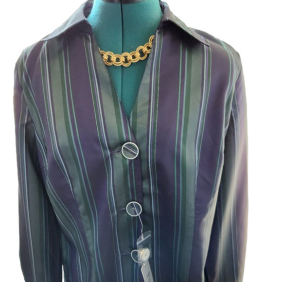 Puli Tops - P070. PULI Festive Purple and Green Satin Striped Blouse |12 NWT